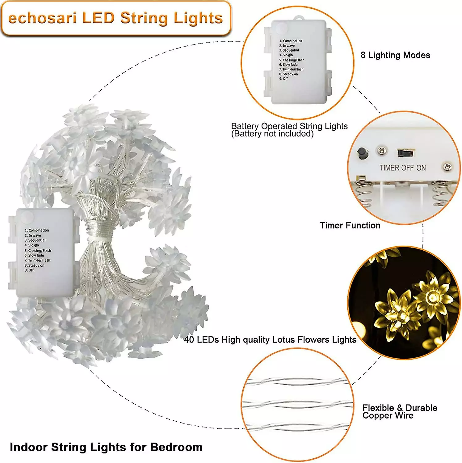 Unbranded Led String Lights 17ft 40 Led Lotus Flower Fairy Lights With 8 Modes Timer Indoor String Lights For Bedroom, Party, Wedding, Indoor, Garden Dcor 5 Unbranded Led String Lights 17ft 40 Led Lotus Flower Fairy Lights With 8 Modes Timer Indoor String Lights For Bedroom, Party, Wedding, Indoor, Garden Dcor - Image 3